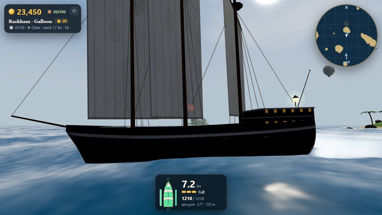 A galleon seen from the side, on a reach