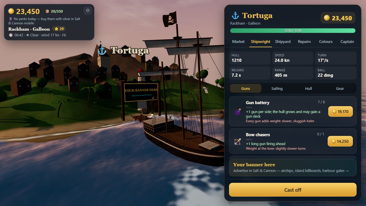 In a harbour: the town, the pier and the harbour menu with the shipwright's upgrades