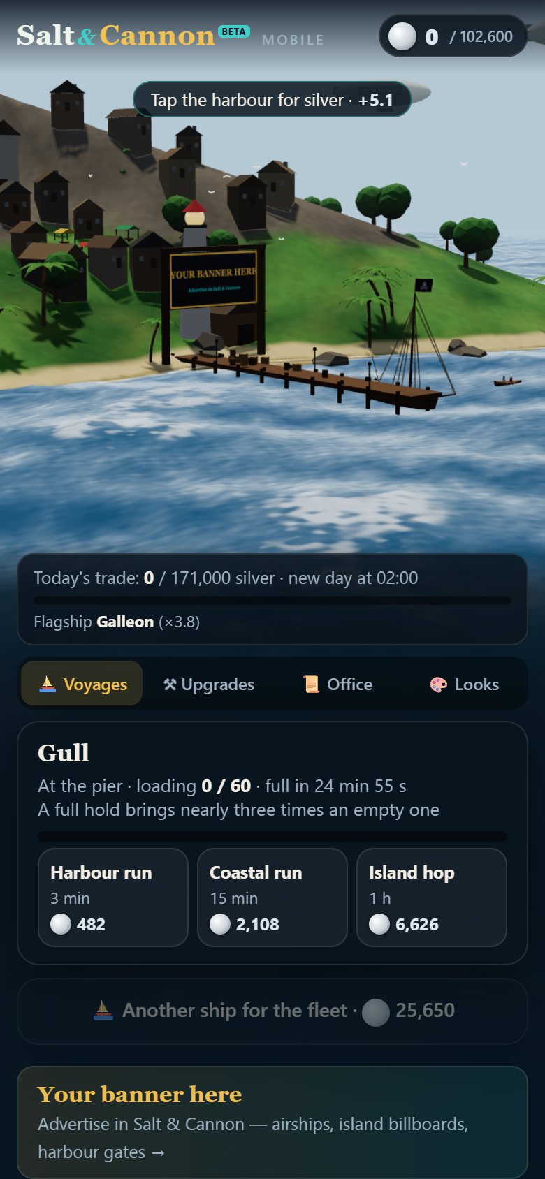 The phone game: a harbour with the captain's merchant ship and its voyages