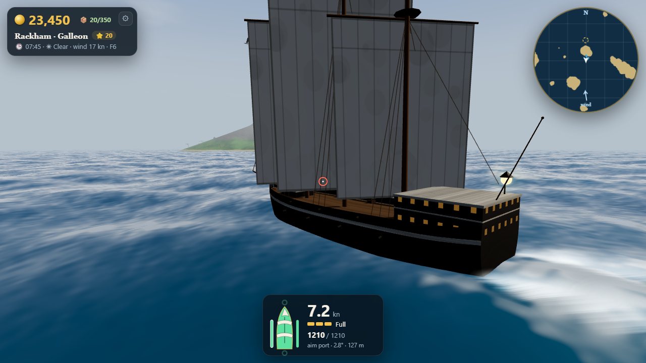 A galleon under full sail on the open sea, with islands on the horizon