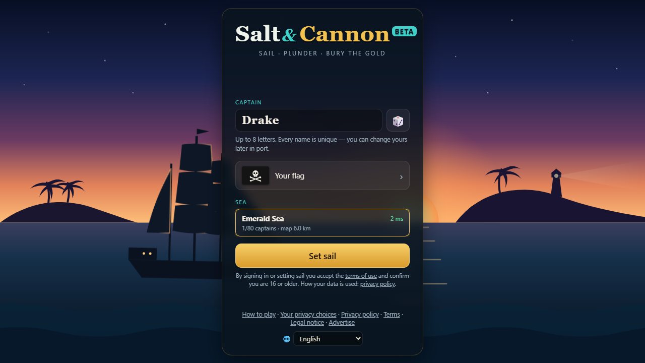 The start screen: choose a name, a flag and a sea